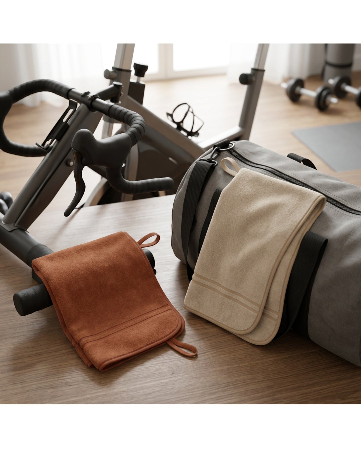 Leay Compact Sports Towel Pair 45 x 25 cm Rust and Sand - Lifestyle view