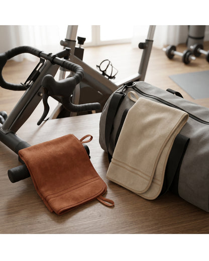 Leay Compact Sports Towel Pair 45 x 25 cm Rust and Sand - Lifestyle view